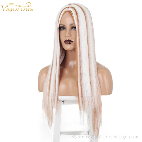 Vigorous full hair wigs black women highlight honey blonde futura fiber synthetic piano color straight heat resistant lace wig